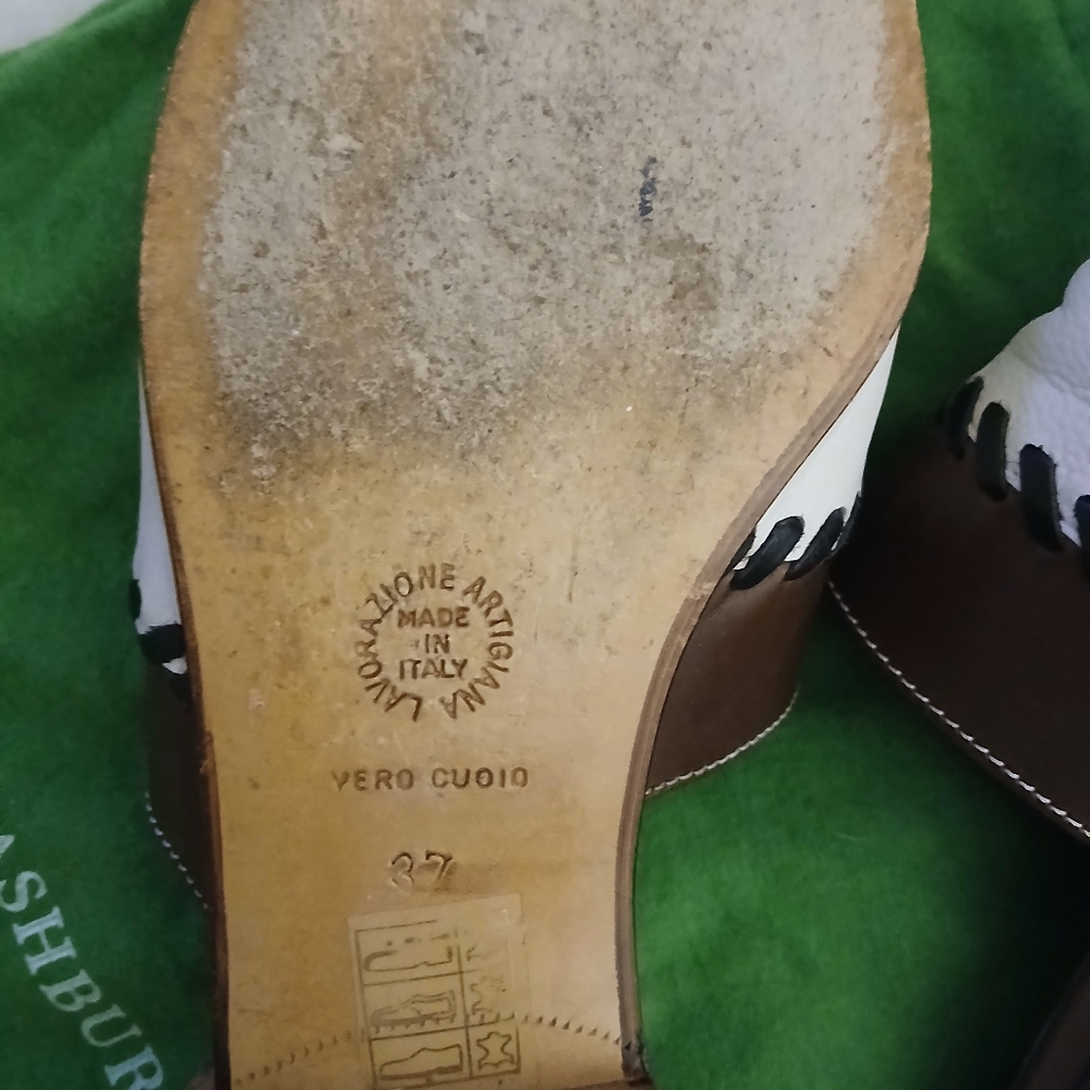 Ann Mashburn White & Brown Spring Italian Lotus Vacation Slides Sandals--37/6.5 - Picture 6 of 12